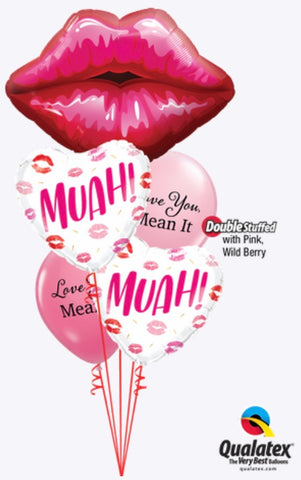 Bouquet San Valentin, 30” Labios Grandes Beso, 18” Corazón Muah, 11” Latex Rosado I Love You
