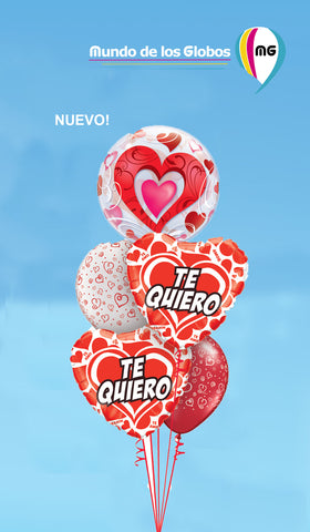 BOUQUET DE CORAZON BUBBLE y CORAZONES ROJOS METALICO Y LATEX
