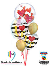 Burbuja Gigante de Corazones con Corazones Love Metálicos de Rayas y látex chrome gold
