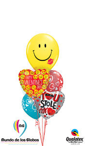 Corazón de Happy Valentine´s Day "Emoticons" de 18" pulgadas metálico + Corazón "You Stole My Heart" de 18" pulgadas metálico con Látex de Carita con Beso y con corazones impresos c/ helio