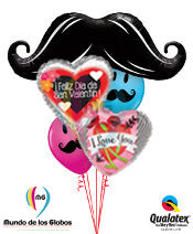 Bigote Gigante de 42" pulgadas Metálico, Feliz Día de San Valentín Corazón de 18" Metálico, I love You Corazón de 18" pulgadas Metálico & látex de caritas de bigote c/ helio