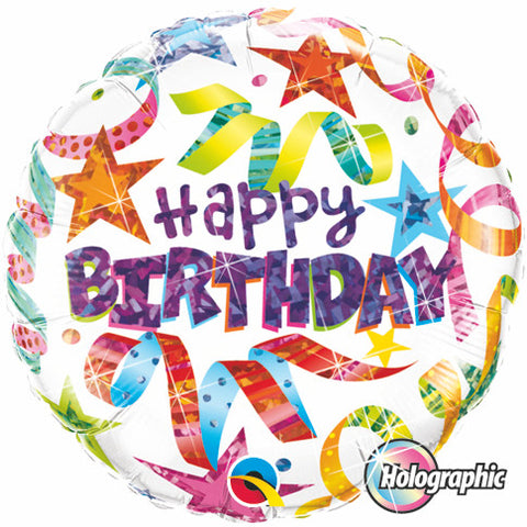 18" Redondo, Holografico, Happy Birthday, Estrellas y Serpentinas, Blanco