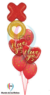"XO" Beso y Abrazo Metálico Gigante de 36" pulgadas & Corazones "I love You" Gold Script de 18" pulgadas metálicos con latex de corazones dorados impresos