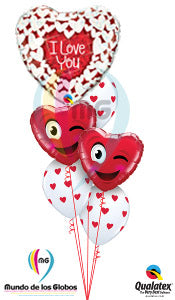 Corazón con corazones blancos Gigante "I Love You" holografico + Corazones con Carita Coqueta Guiñando & látex con corazones rojos