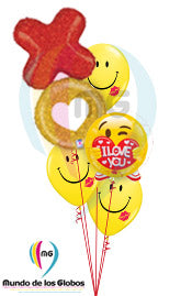 "XO" Beso de 36" pulgadas y Carita de Abrazo Metálico de 18" pulgadas y Carita I love You Guiñando de 18" pulgadas Metálico con Latex de Carita con Beso