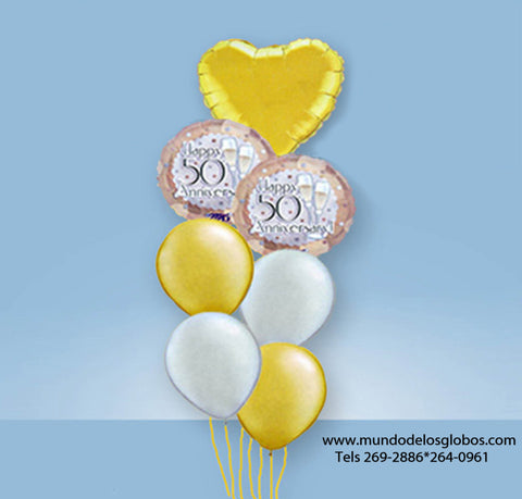 Bouquet de Happy 50th Anniversary con Copas de Champan, Corazon y Globos de Colores