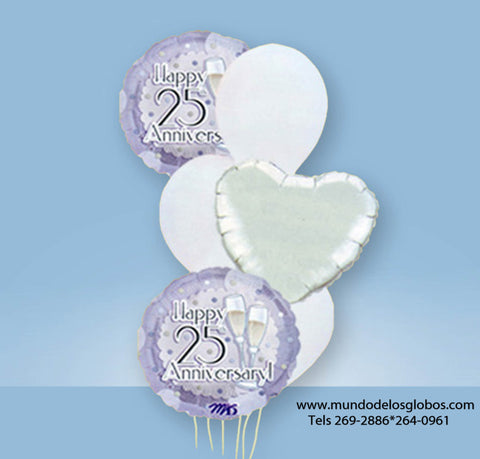 Bouquet de Happy 25th Anniversary con Copas de Champan, Corazon y Globos de Colores