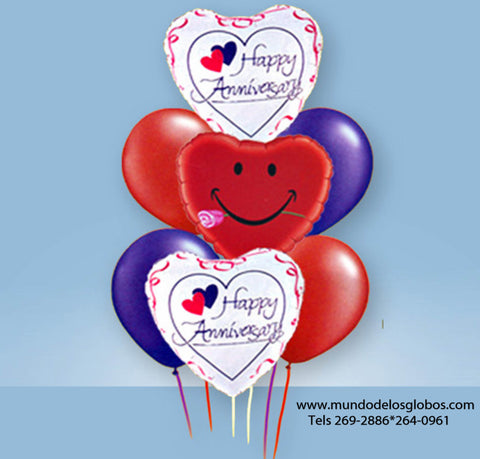 Bouquet de Happy Anniversary de Corazones, Corazon de Carita Feliz con Rosa, y Globos de Colores
