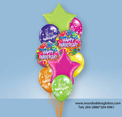 Bouquet de Happy Anniversary con Serpentinas, Estrellas y Globos de Colores