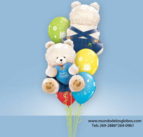 Bouquet de Osos Blancos Gigantes Beary Special con Corazon Celeste y Globos de Colores con Sapitos y Florecitas