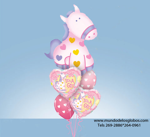 Bouquet de Caballito Gigante con Globos de Caballitos It's A Girl y Globos de Corazoncitos