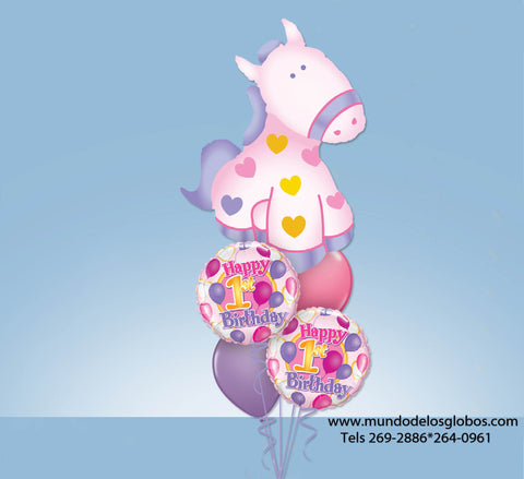 Bouquet de Caballito Gigante con Globos de Happy 1st Birthday y Globos de Colores