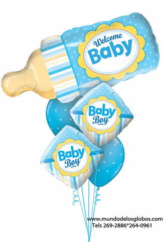 Bouquet de Mamadera Gigante Welcome Baby, Diamantes Baby Boy y Globos Celestes