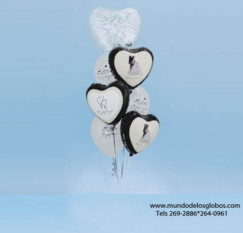 Bouquet de Boda con Corazones y Globos A Perfect Pair y Burbuja de Corazon