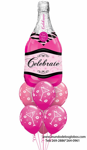 Bouquet de Botella de Champan Gigante Rosado con Globos con Copas Rosados