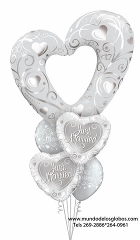 Bouquet de Boda con Corazon Gigante Ahuecado y Corazones y Globos Just Married
