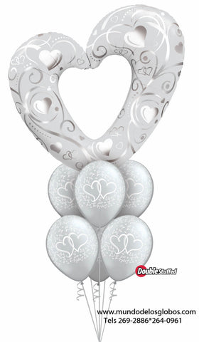 Bouquet de Boda con Corazon Plateado Gigante Ahuecado y Globos Plateados con Corazones