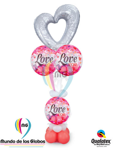 Corazon plata y blanco de Silueta Metálico, 3 burbujas I love you y base de globos latex