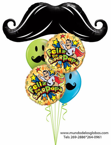 Bouquet Feliz Dia del Padre, Feliz Dia Super Papá, Bigote Gigante, y Caritas Felices