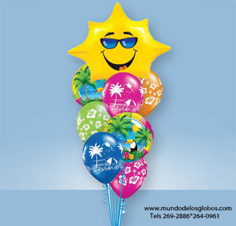 Bouquet con Tucanes, Globo de Sol y Globos Variados de Playa y Flores Tropicales de Colores