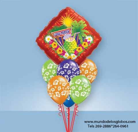 Bouquet Luau Party con Diamante Tropical y Globos de Flores Tropicales de Colores