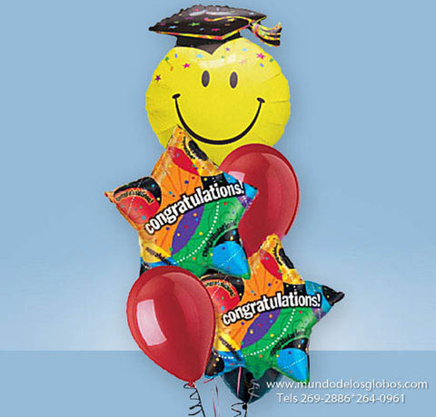 Bouquet de Carita Feliz con Birrete de Graudación, Estrellas Congratulations, y Globos de Colores