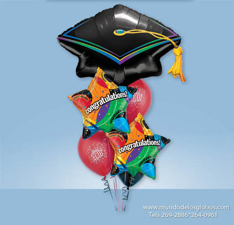 Bouquet de Birrete de Graudación Gigante, Estrellas Congratulations, y Globos de Colores