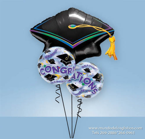 Bouquet de Birrete de Graudación Gigante y Burbujas Congratulations Graduate con Birretes