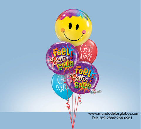 Bouquet Feel Better Soon con Globo de Carita Feliz y Globos de Colores Get Well