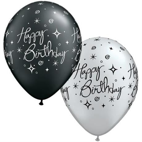11" Redondo, Par Blanco y Negro Happy Birthday con Destellos y Remolinos Elegantes, Feliz Cumpleaños