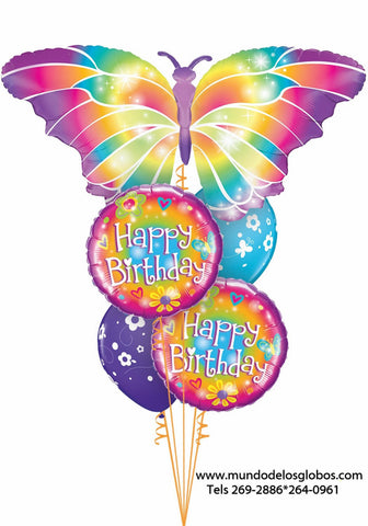 Bouquet Happy Birthday con Globo de Mariposa Gigante y Globos de Colores con Flores