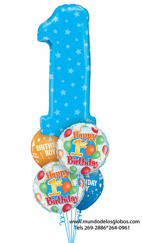 Bouquet Happy Birthday con Numero Uno Gigante Celeste con Estrellas, Globos Happy 1st Birthday y Globos de Colores Birthday Boy