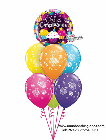 Bouquet Happy Birthday con Cupcakes y Globos de Cupcakes de Colores