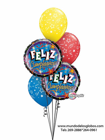 Bouquet Happy Birthday con Globos de Colores con Estrellas y Serpentinas