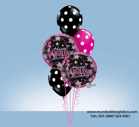 Bouquet Happy Birthday, Happy Fabulous Birthday con Estrellas, y Globos de Colores con Bolas Blancas