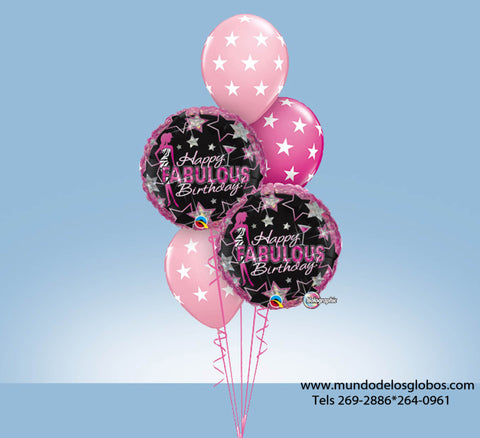 Bouquet Happy Birthday, Happy Fabulous Birthday con Estrellas, y Globos de Colores con Estrellas Blancas
