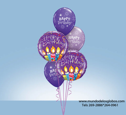Bouquet Happy Birthday con Globos con Velas de Cumpleaños y Globos Morados