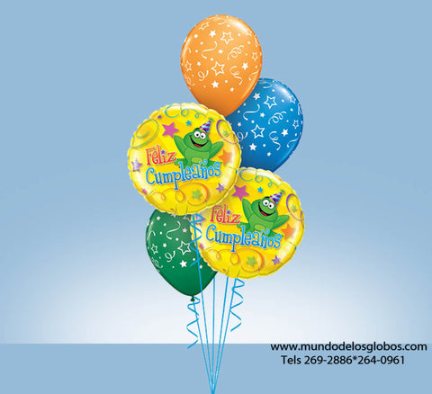 Bouquet Happy Birthday con Sapitos Feliz Cumpleaños con Globos de Colores con Serpentinas