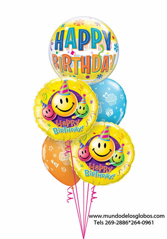 Bouquet Happy Birthday con Caritas Felices, Burbuja, y Globos con Cupcakes de Colores