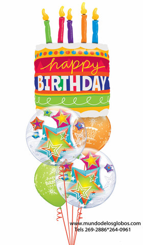 Bouquet Happy Birthday con Pastel de Cumpleaños Gigante con Burbujas de Estrellas y Globos de Colores