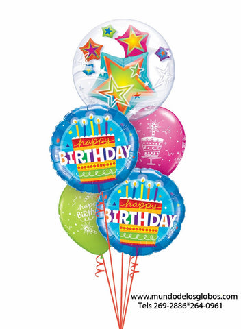 Bouquet Happy Birthday con Pastel de Cumpleaños, Burbuja con Estrellas y Globos de Colores