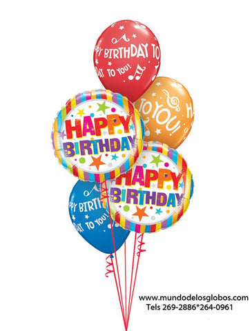 Bouquet Happy Birthday con Globos de Estrellas y de Colores Happy Birthday To You! con Notas Musicales
