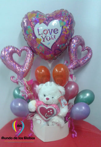Adorno para Escritorio: "Romance Tropical" Corazón "I Love You" Holografico, Corazones Silueta Rosados de 14" pulgs. Holograficos, Naranja 5", Rosados de 5", Lila de 5" en caja de Corazón & Osito Teddy con corazón de Peluche mediano.