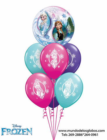 Bouquet de Frozen con Burbuja de Elsa y Anna, Globos de Colores de Elsa y Anna, Reino del Hielo