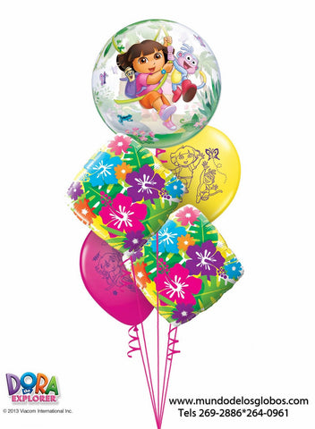 Bouquet de Dora La Exploradora con Burbuja, Diamantes y Globos de Colores