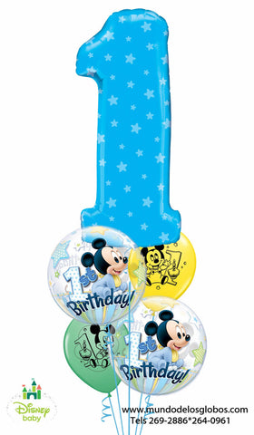 Bouquet Mickey Baby de 1er Añito con Uno Gigante Azul, Burbujas 1st Birthday y Globos de Colores