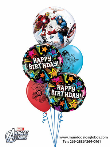 Bouquet de Avengers con Burbuja y Globos de Colores, Happy Birthday de Estrellas