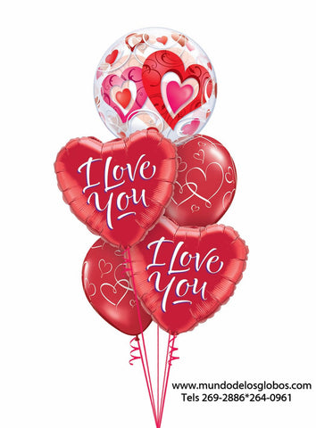 Bouquet de Corazones I Love You con Burbuja de Corazones y Globos con Corazoncitos