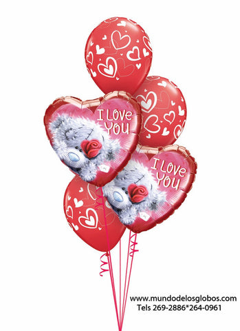 Bouquet de Corazones I Love You con Osito con Rosa y Globos Rojos con Corazones Blancos
