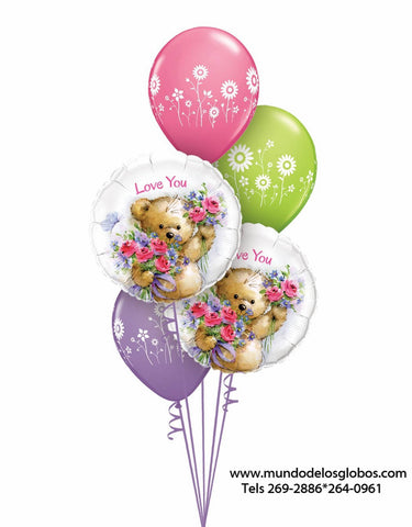 Bouquet de Globos con Osito Cariñosito Love You con Rosas y Globos de Colores con Flores